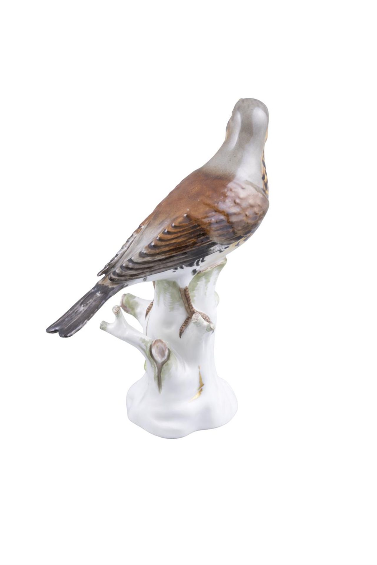 A 19TH CENTURY MEISSEN PAINTED PORCELAIN MODEL OF A THRUSH standing on a tree stump, - Image 3 of 5