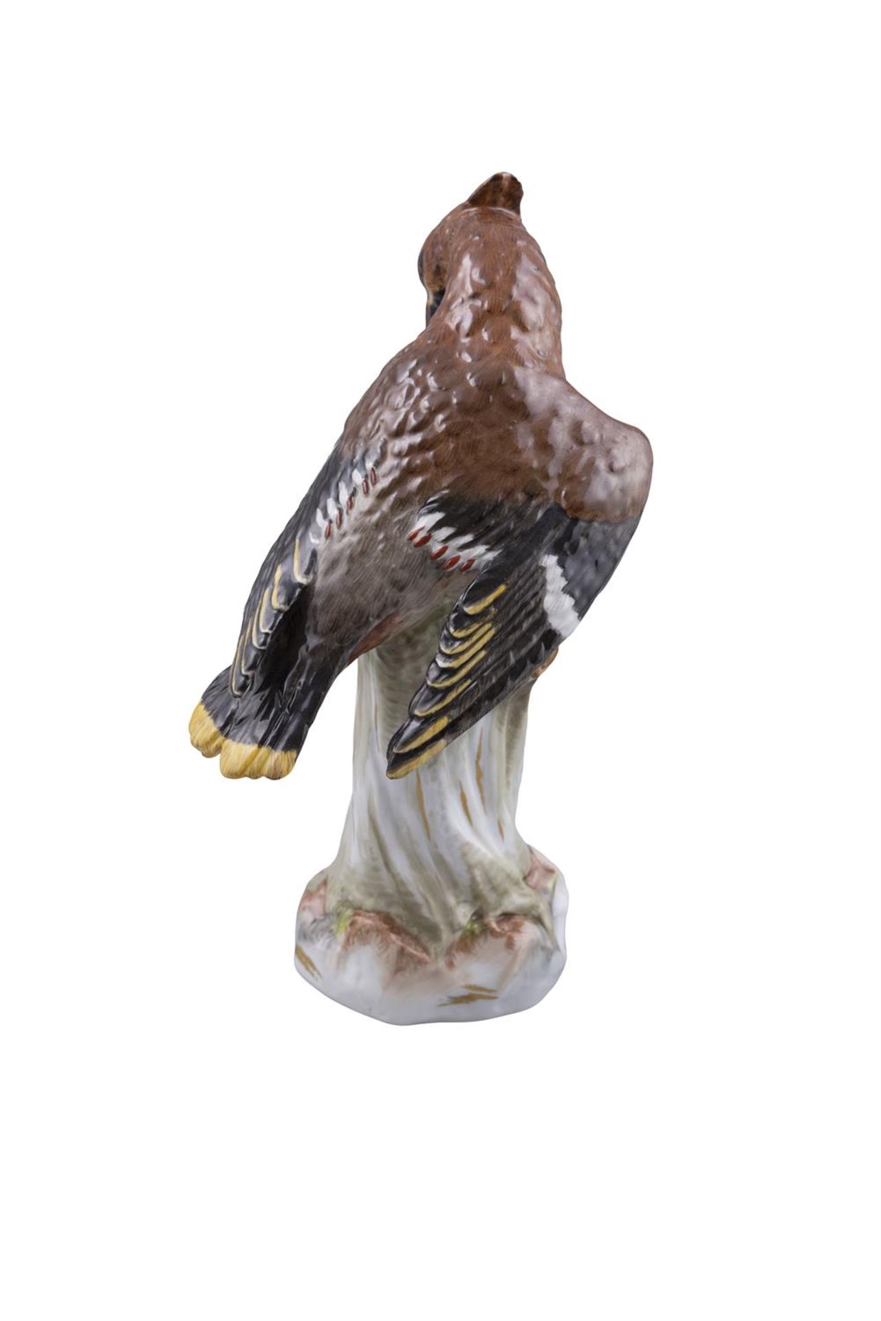 A 19TH CENTURY MEISSEN PAINTED PORCELAIN MODEL OF A RARE WAX WING, standing on a tree stump with fol - Image 2 of 3