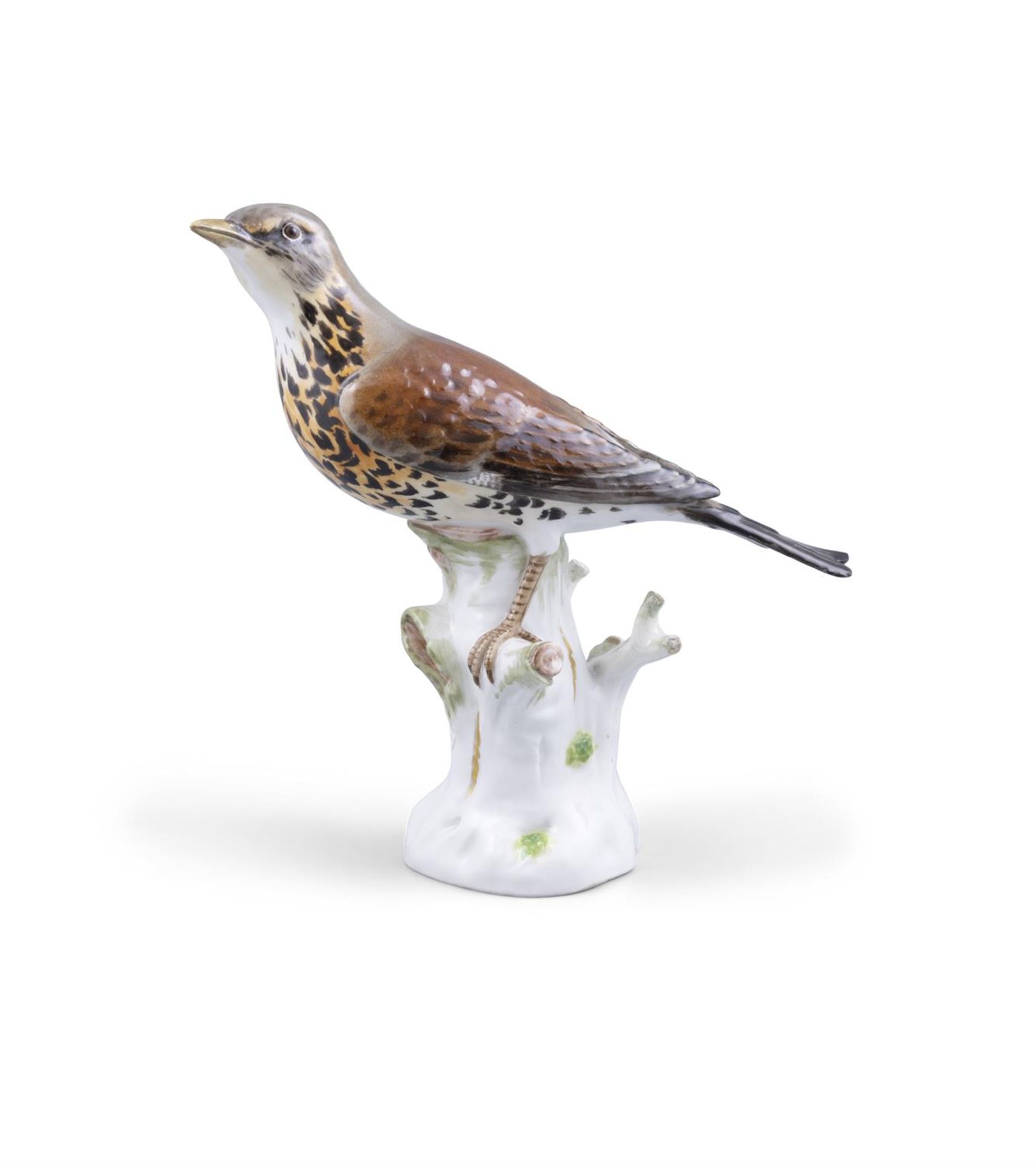 A 19TH CENTURY MEISSEN PAINTED PORCELAIN MODEL OF A THRUSH standing on a tree stump, - Image 2 of 5