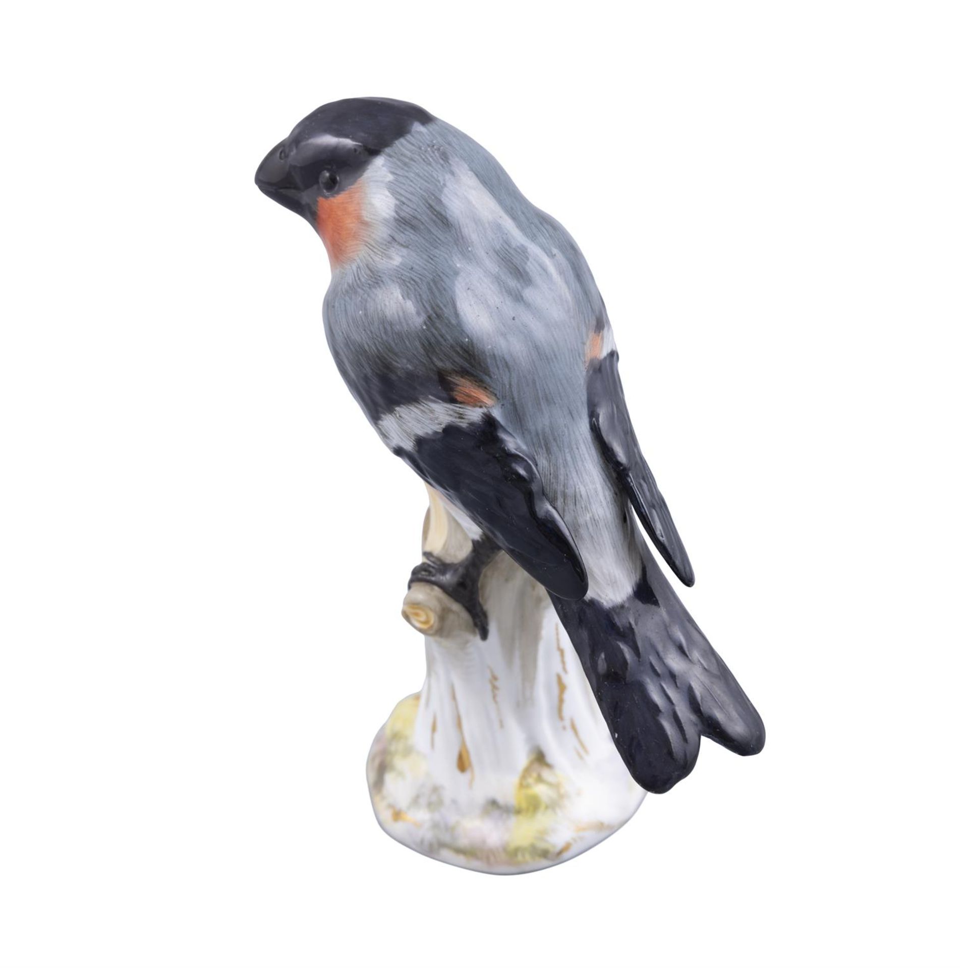 A 19TH CENTURY MEISSEN PAINTED PORCELAIN MODEL OF A BULLFINCH standing on a tree stump hand - Image 2 of 4