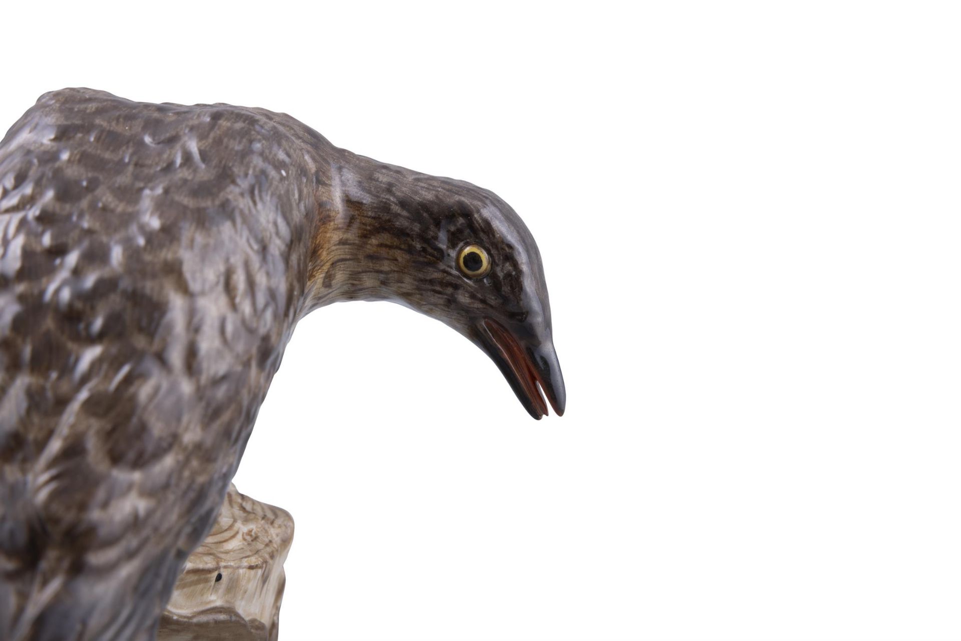 A 19TH CENTURY MEISSEN PAINTED PORCELAIN MODEL OF A SPARROW HAWK on a tree stump, - Image 3 of 4