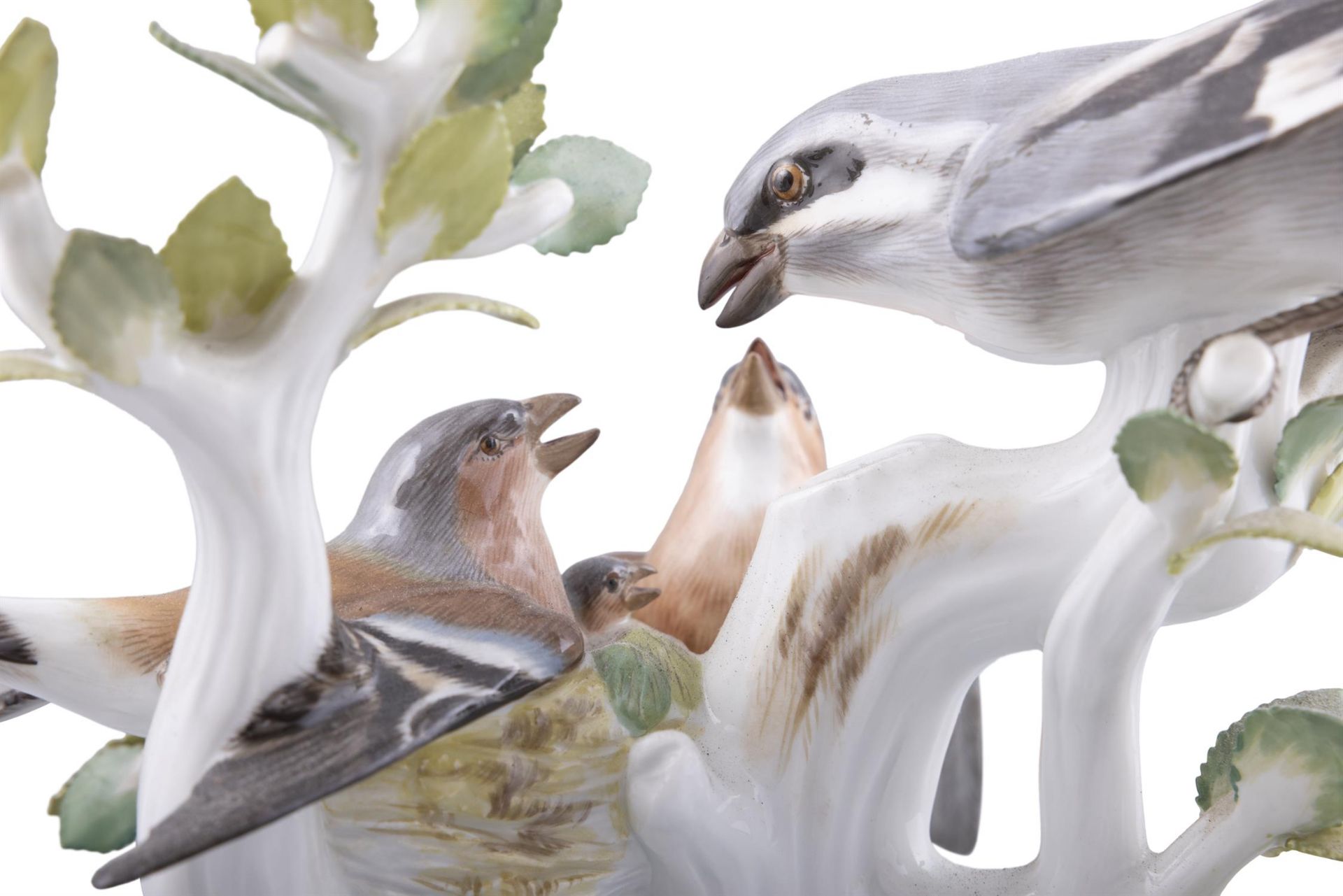 A 19TH CENTURY MEISSEN PAINTED PORCELAIN GROUP OF NESTING WRENS in a leafy bough protecting the - Image 3 of 6