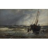 Edwin Hayes RHA RI ROI (1819-1904) Hastings Beach Oil on board, 17.5 x 29cm (7 x 11½") Signed;