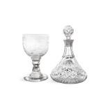 A MODERN CUT CRYSTAL SHIPS DECANTER with silver collar and globular stopper 28cm high and an