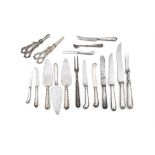 A MISCELLANEOUS COLLECTION COMPRISING; including silver handled carving knives and forks,