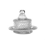 A 19TH CENTURY CUT GLASS COVERED BUTTER DISH with domed lid and stand, finely decorated with