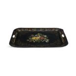 A VICTORIAN PAINTED FLORAL TOLEWARE TRAY of rectangular form, with inset carrying handles. 45.