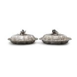 A PAIR OF FINE GEORGE IV SHAPED SILVER ENTREE DISHES London c.1829, maker's mark of J.E. Terry.
