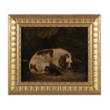 STYLE OF GEORGE ARMFIELD Dog with her two pups in a barn Oil on panel, 23.5 x 29cm