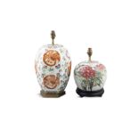 A CHINESE PORCELAIN HEXAGONAL BALUSTER TABLE LAMP decorated with burnt orange dragon motifs and