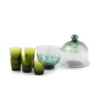 A COLLECTION COMPRISING; a green mottled glass fruit bowl, a similar cake stand and dome;