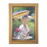 KROTOV (20TH CENTURY) An Elegant Young Lady Seated at a Table Under a Parasol Holding a