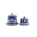 TWO VICTORIAN BLUE JASPERWARE CIRCULAR CHEESE DOMES ON STANDS 17cm high and 25cm high.