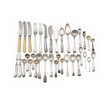 A MISCELLANEOUS SELECTION OF 19TH CENTURY SILVER FLATWARE including condiment and egg spoons,