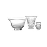 A PLAIN MODERN HAND BLOWN CIRCULAR FRUIT BOWL a cut glass flared vase on a pedestal foot and a