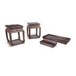 A PAIR OF CHINESE HARDWOOD URN STANDS, QING DYNASTY, of square form, with solid panel top and
