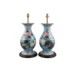 A PAIR OF CLOISONNÉ VASES now converted into lamps, the baluster bodies decorated with birds