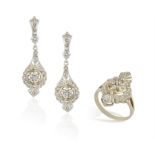 A PAIR OF DIAMOND PENDENT EARRINGS AND A RING EN SUITE, each earring highlighted with single-cut