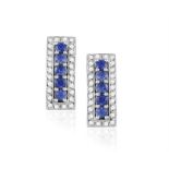 A PAIR OF SAPPHIRE AND DIAMOND EARRINGS, each of rectangular bar-design, set with circular-cut