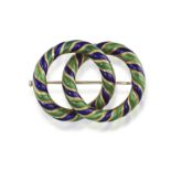 AN ENAMEL BROOCH, of interlocking design, applied with blue and green enamel, mounted in 18K gold,