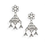 A PAIR OF DIAMOND PENDENT EARRINGS, each of flowerhead design, set with rose-cut diamonds,