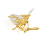 A DIAMOND NOVELTY BROOCH, 1989, the textured gold sparrow bird, perched on a branch accented with