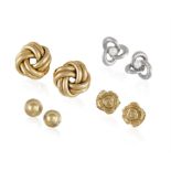 A GROUP OF EARRINGS, comprising four sets of earrings; of knot design, of half sphere-design,