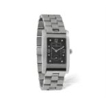 A STAINLESS STEEL QUARTZ WRISTWATCH, BY BAUME & MERCIER, the rectangular-shaped black dial with