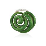 AN ENAMEL AND DIAMOND BROOCH, of scrolling design, applied throughout with guilloché green enamel,