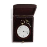 A GOLD POCKET WATCH, open face white dial with Roman numerals, the reverse with floral decoration,