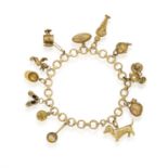A GOLD CHARM BRACELET, the fancy-link bracelet suspending twelve charms, in 9ct gold,