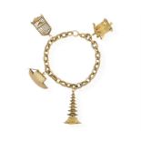 A GOLD CHARM BRACELET, the fancy-link chain with ropetwist detailing, suspending four large charms,