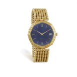 AN 18K GOLD QUARTZ WRISTWATCH, BY ROYAMA, the blue dial with Roman numerals, date aperture at 3