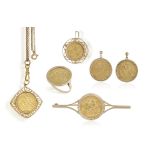 A GROUP OF JEWELLERY WITH FULL AND SOVEREIGN COINS: AN EDWARDIAN GOLD HALF-SOVEREIGN RING,