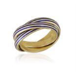 AN ENAMEL RING, BY CARTIER, composed of three interlocking bands, each applied with three lines of