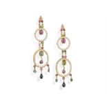 A PAIR OF GEM-SET AND DIAMOND PENDENT EARRINGS, each composed of two openwork circular motifs,