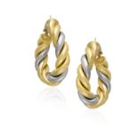 A PAIR OF GOLD HOOP EARRINGS, each hoop of ropetwist design, in 18K white and yellow gold, length 4.