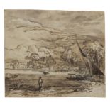Attributed to WILLIAM HENRY BROOKE ARHA (1772-1860) Sketch with figure and boats, Pen and ink,