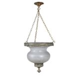 A 19TH CENTURY GILTMETAL AND FROSTED GLASS CEILING LIGHT, the etched bell shaped light
