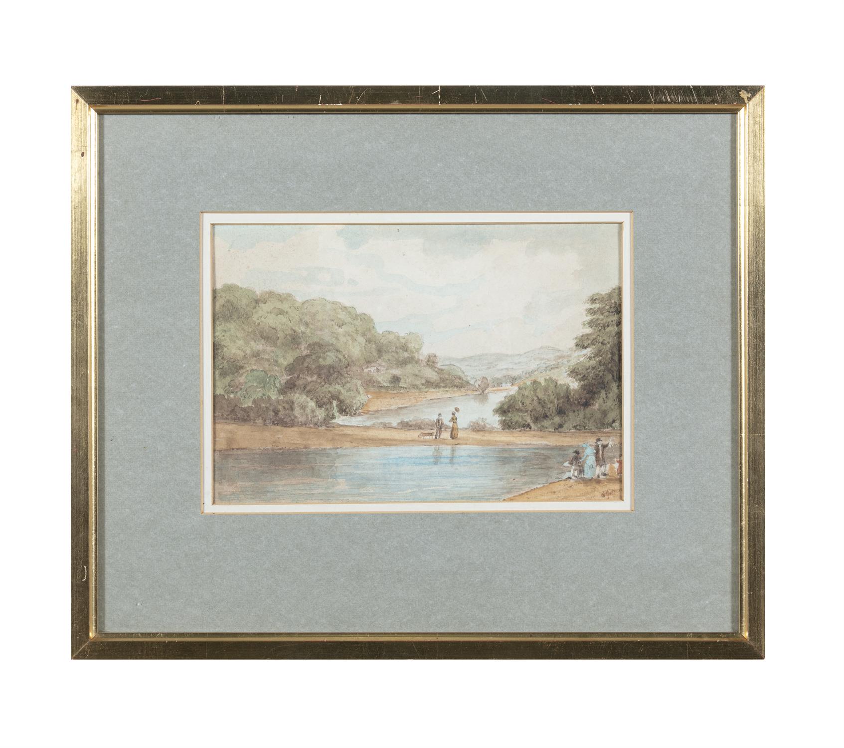 VICTORIAN SCHOOL Figures in a River Landscape Watercolour, 16.5 x 24.5cm Indistinctly signed