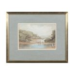 VICTORIAN SCHOOL Figures in a River Landscape Watercolour, 16.5 x 24.5cm Indistinctly signed