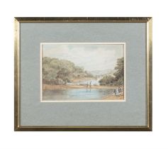 VICTORIAN SCHOOL Figures in a River Landscape Watercolour, 16.5 x 24.5cm Indistinctly signed