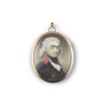 R. BELL Miniature portrait of a young gentleman in a blue coat with red collar Oval water colour,