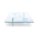 A MODERN SQUARE GLASS COFFEE TABLE. 120 X 120cm