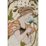 AN ART NOUVEAU PAINTED AND GILT DECORATED GLAZED POTTERY RECTANGULAR PLAQUE, depicting a girl