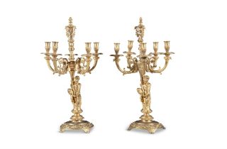 A LARGE PAIR OF FRENCH ORMOLU FIGURAL CANDELABRA, 19TH CENTURY with five light branches and