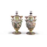 A PAIR OF MICA VASES, 20TH CENTURY in the style of 'Capodimonte', converted into lamps.