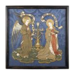 A SILK AND BULLION THREAD EMBROIDERED PANEL, depicting The Annunciation designed by Geoffrey