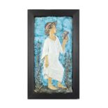 A FRAMED POLYCHROME GLAZED POTTERY BAS RELIEF PANEL, of a young boy chorister. 34.5 x 17.5cm