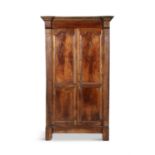 A FRENCH PROVINCIAL FRUITWOOD AND CHESTNUT WARDROBE with stepped cornice and twin fielded panel